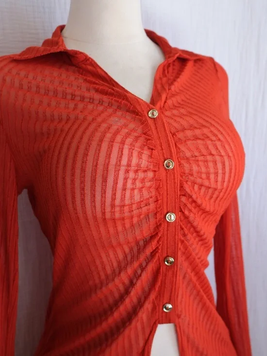 Women's Sheer Button-Front Collared Top in Bright Orange - Picture 3 of 5
